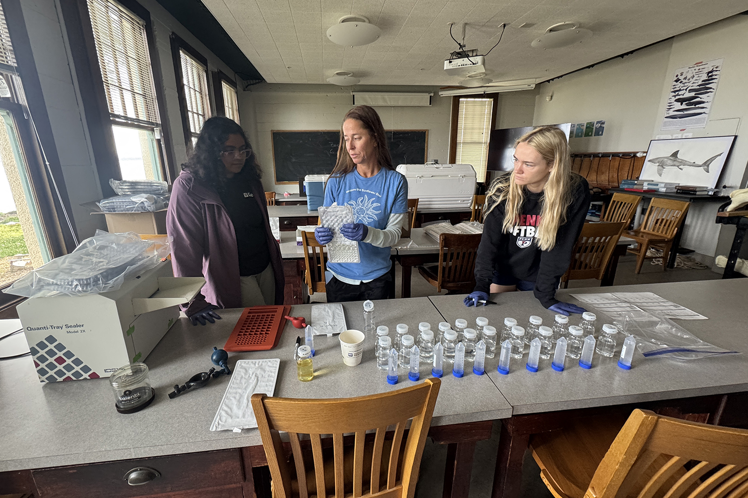 Ali Boehm in gloves holds up a testing tray for two students, with sample bottles lined up on the table.