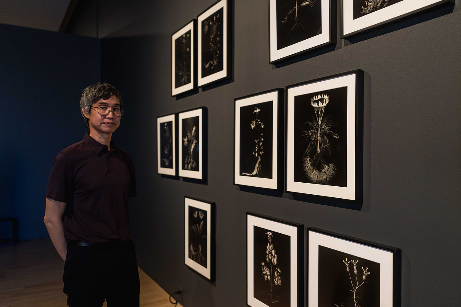 Artist stands beside a wall of framed botanical images in a gallery.