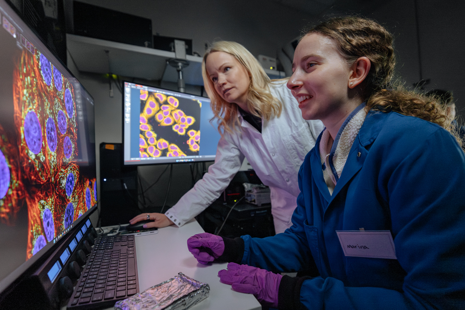 Emma Lundberg and a lab member analyzing colorful cell images on computer screens.