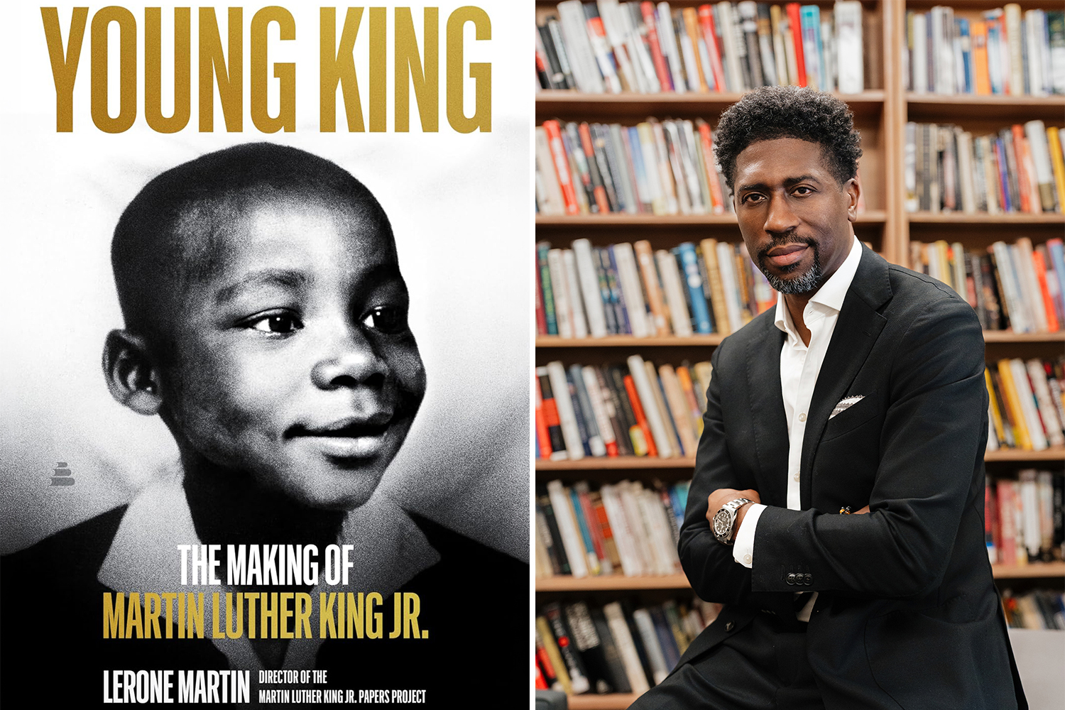 Composite of a book cover titled 'Young King: The Making of Martin Luther King Jr.' alongside a photo of Lerone A. Martin posing and seated in a library.