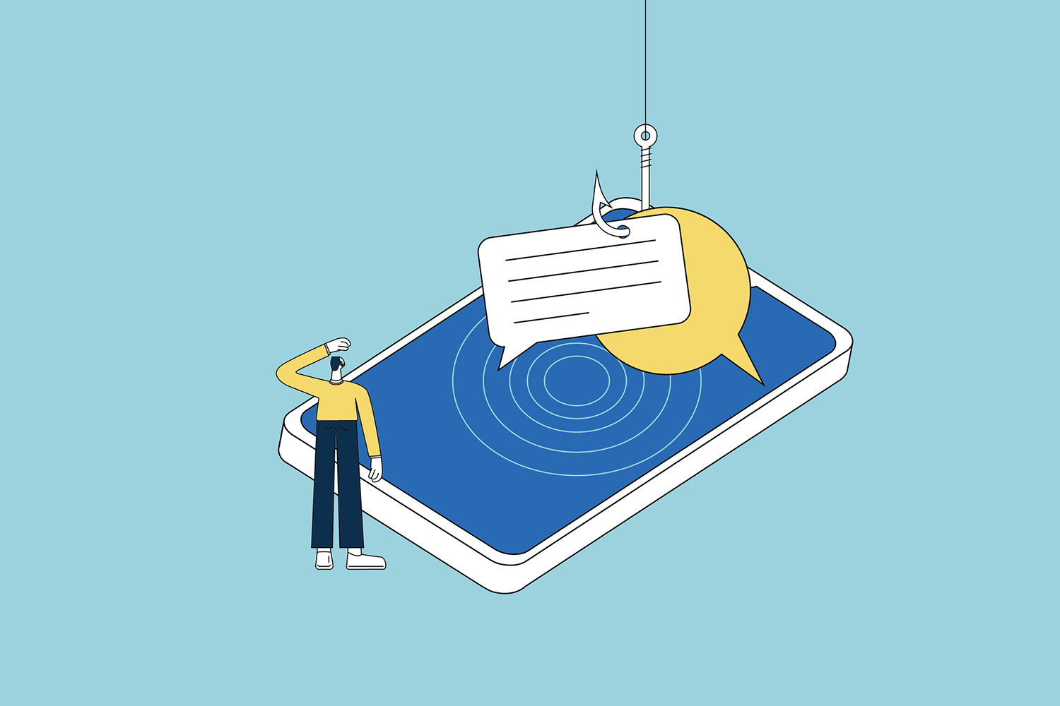 An Illustration of a person standing beside a smartphone with a speech bubble and fishing hook, symbolizing phishing or online scams.