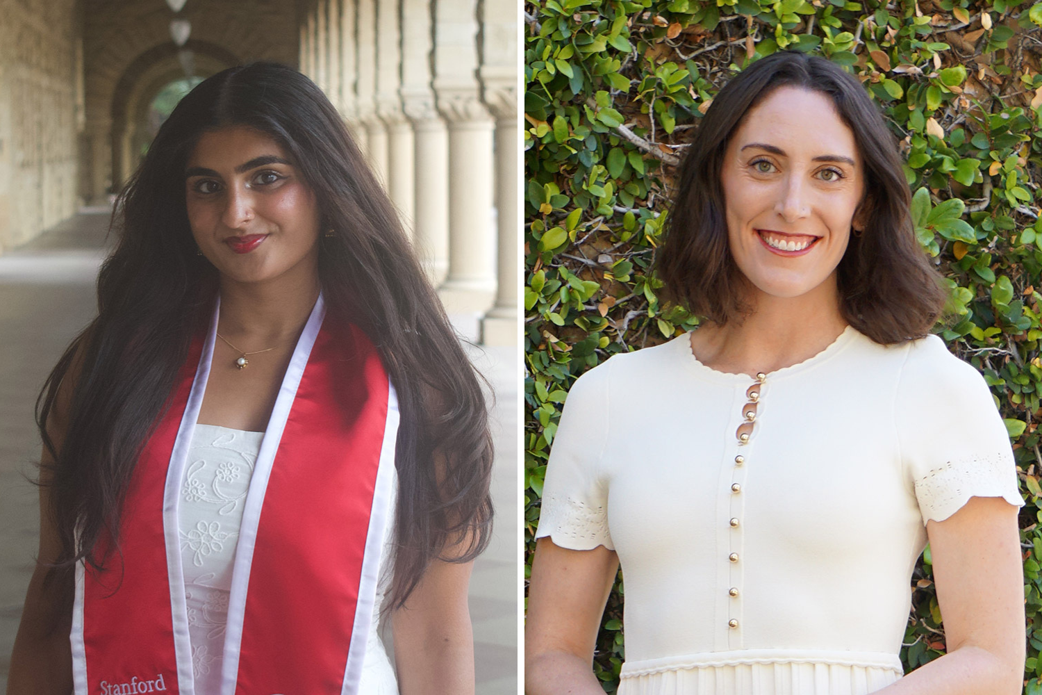 Mehta in graduation stole standing under arched colonnade and Goodman in white dress smiling before green foliage.