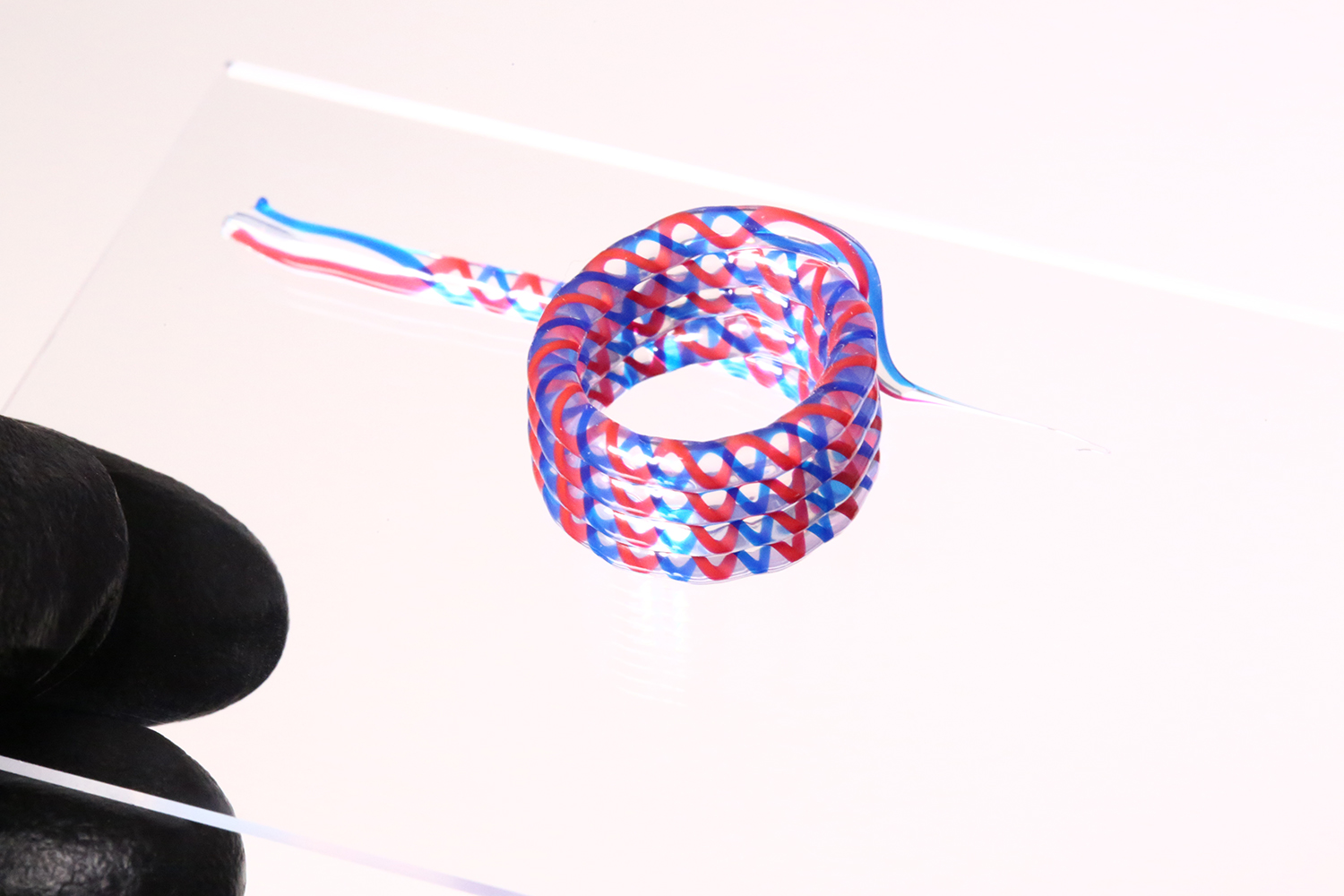 A gloved hand holds a small ring-shaped structure made of intertwined red and blue printed strands.