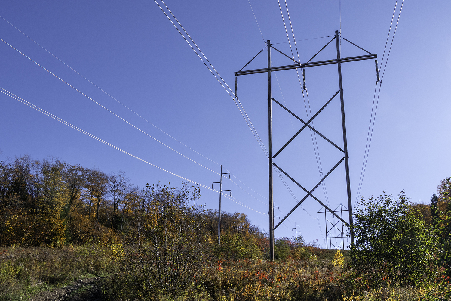 Tall electrical transmission towers carry power lines across a hillside.