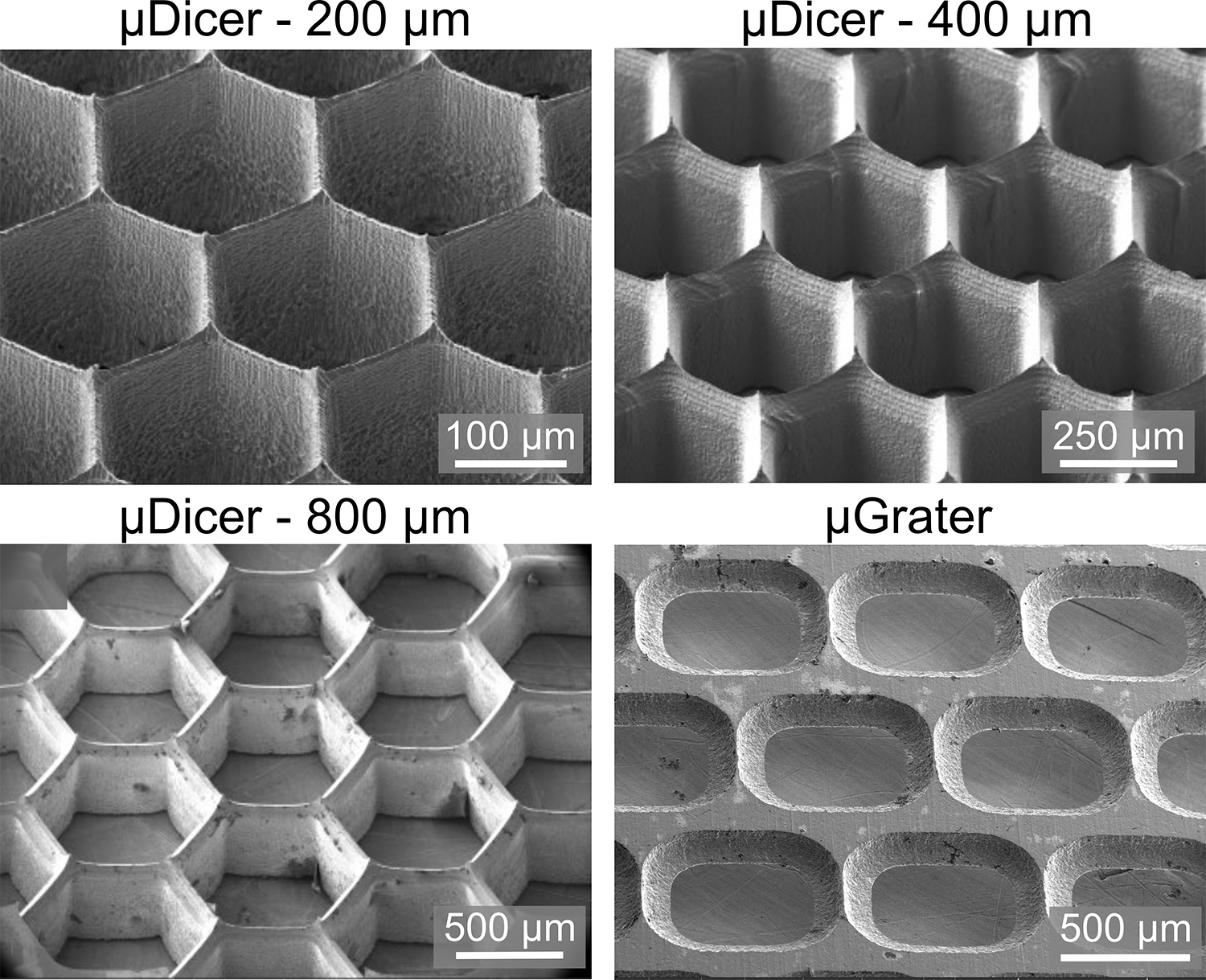 Scanning microscopy images of the μDicer (blade spacings 200 μm, 400 μm, and 800 μm, respectively) and μGrater.