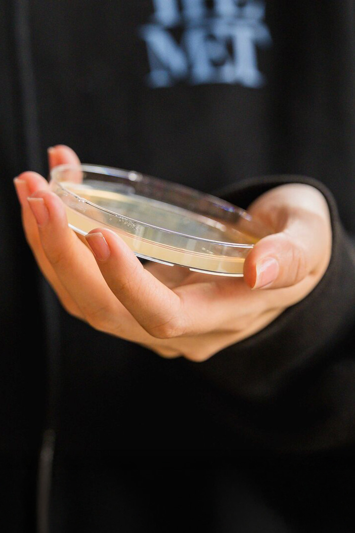 A student holds a Petri dish during a fermentation workshop.