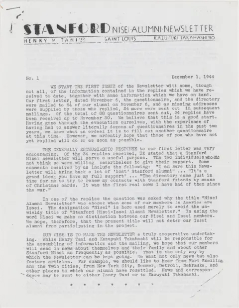 First issue of the Stanford Nisei Alumni Newsletter, dated December 1, 1944, discussing alumni information and community updates.