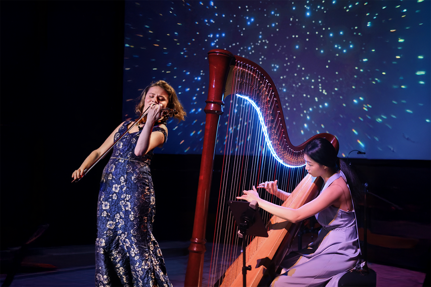 Violinist in a floral dress plays passionately beside a harpist, with a starry backdrop enhancing the musical atmosphere.