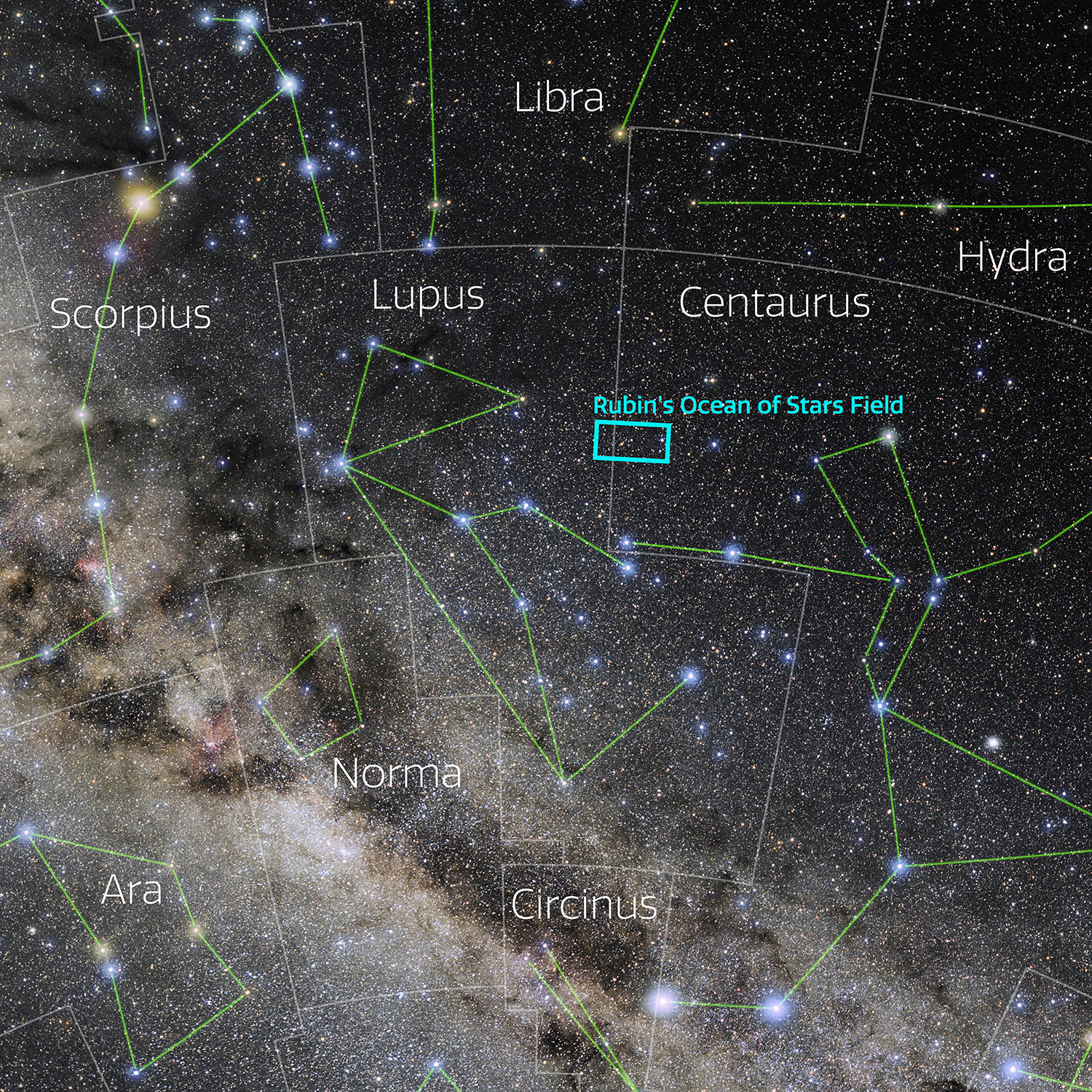 A starry night sky highlights several constellations.