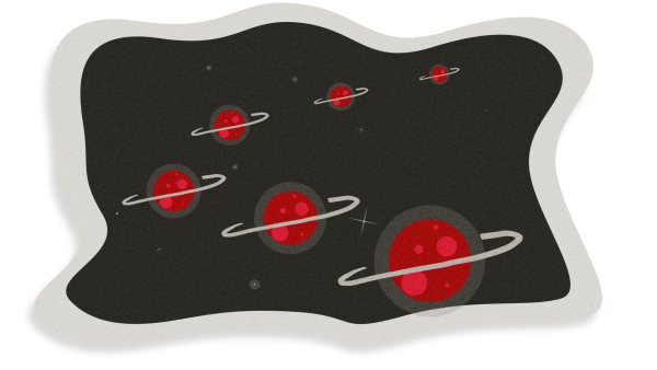 Illustration of an arc of red planets with white rings in space