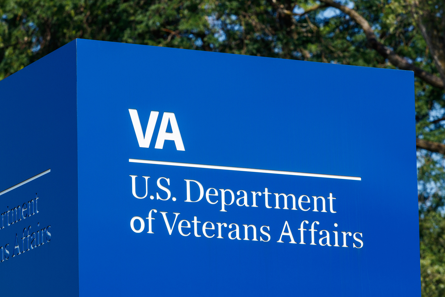Image of a blue sign that says U.S. Department of Veterans Affairs.