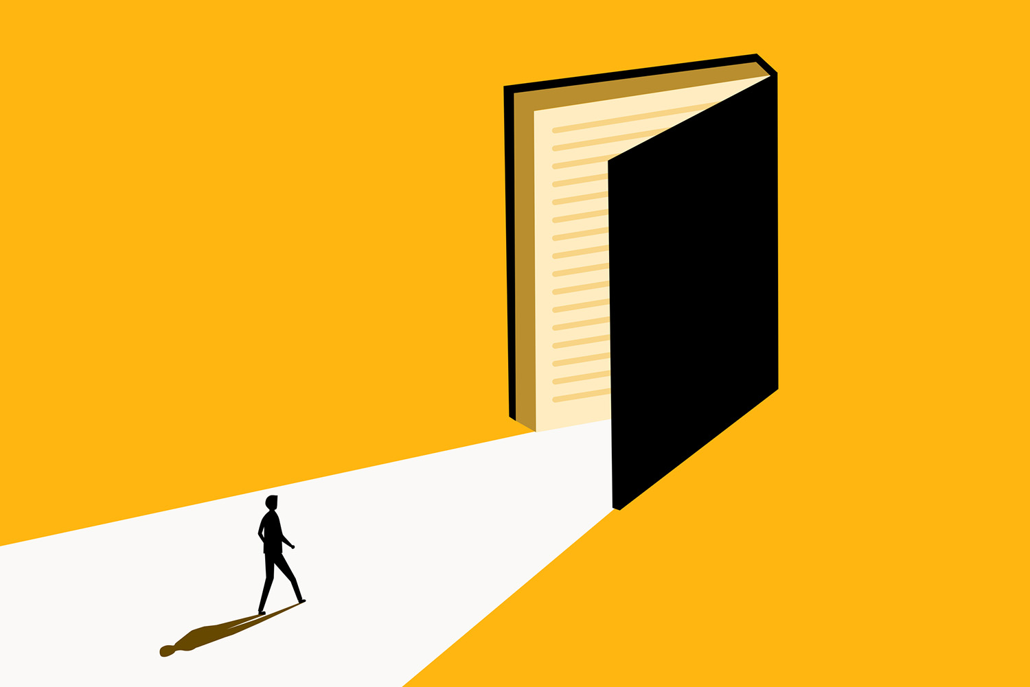 Simple graphic of person walking a path into an open book.