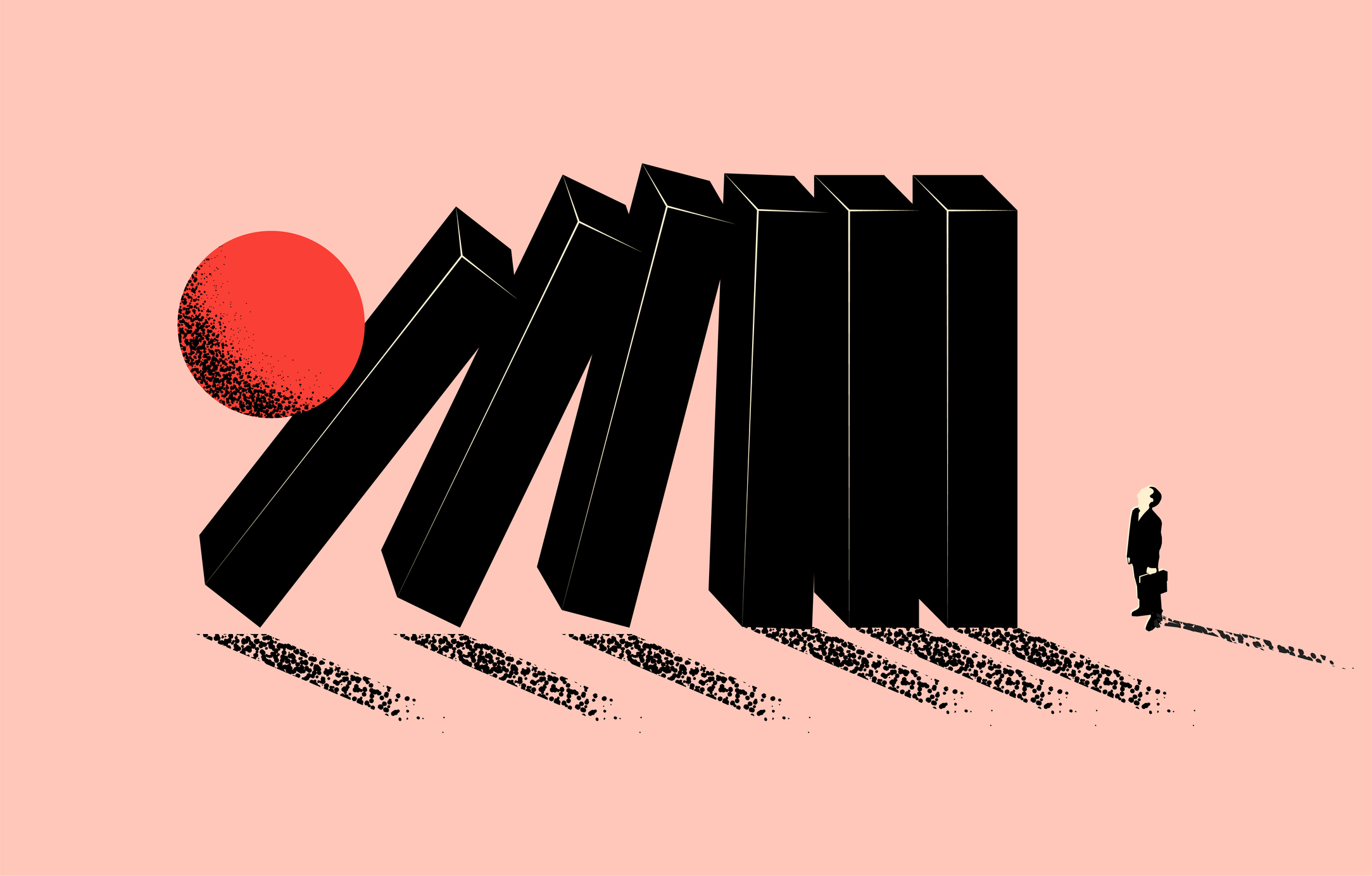 Conceptual business illustration featuring dominos about to fall on a businessman.