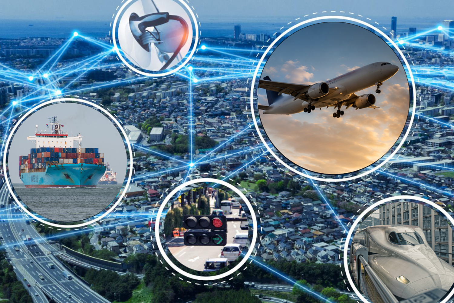 A digital collage shows a cityscape connected by lines, featuring images of a cargo ship, airplane, traffic signal, and high-speed train.