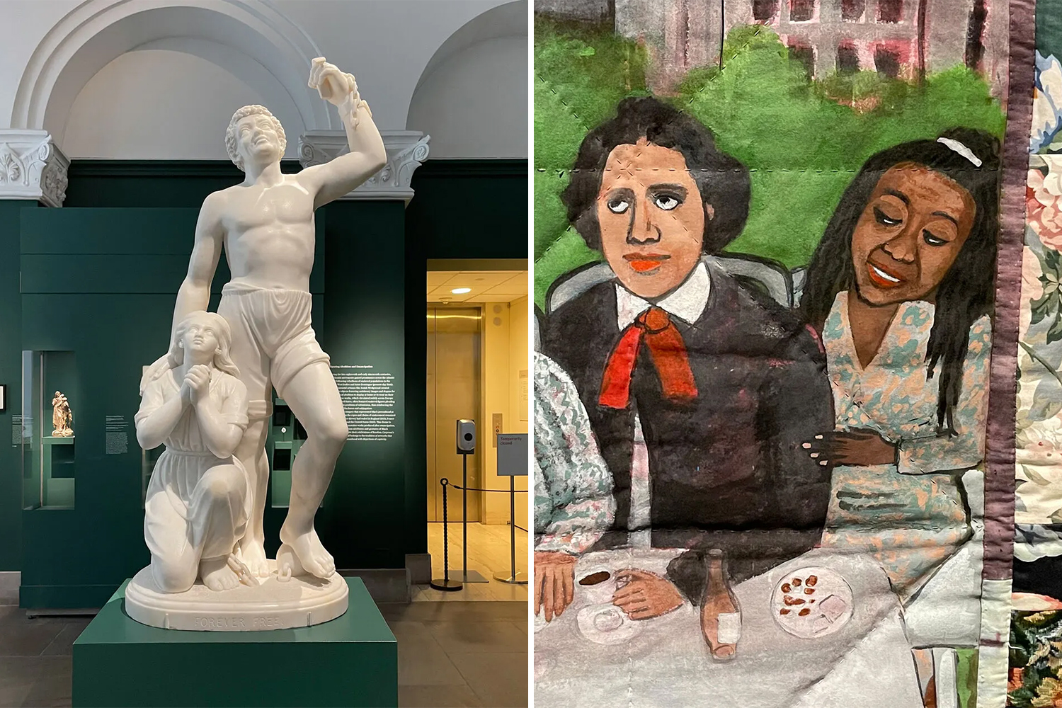 A composite featuring a sculpture made by Edmonia Lewis on the right, and an artistic painting depicting Lewis and the artist, Faith Ringgold, on the right. 
