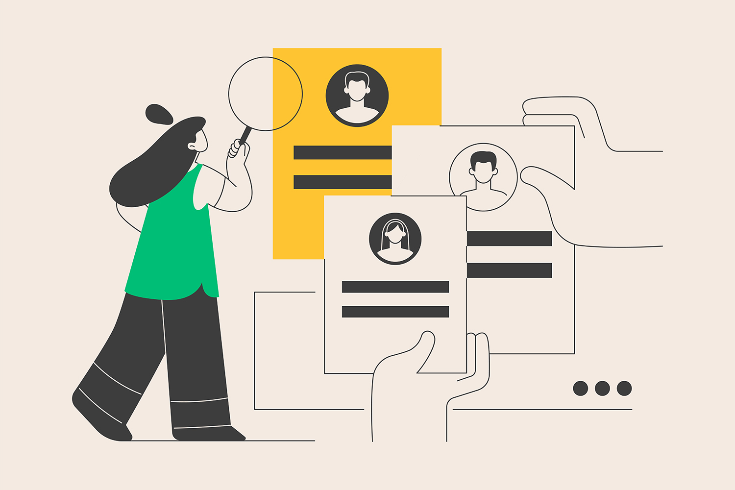 Illustration of a person holding a magnifying glass to examine profile cards, while hands hold up more candidate profiles to review.