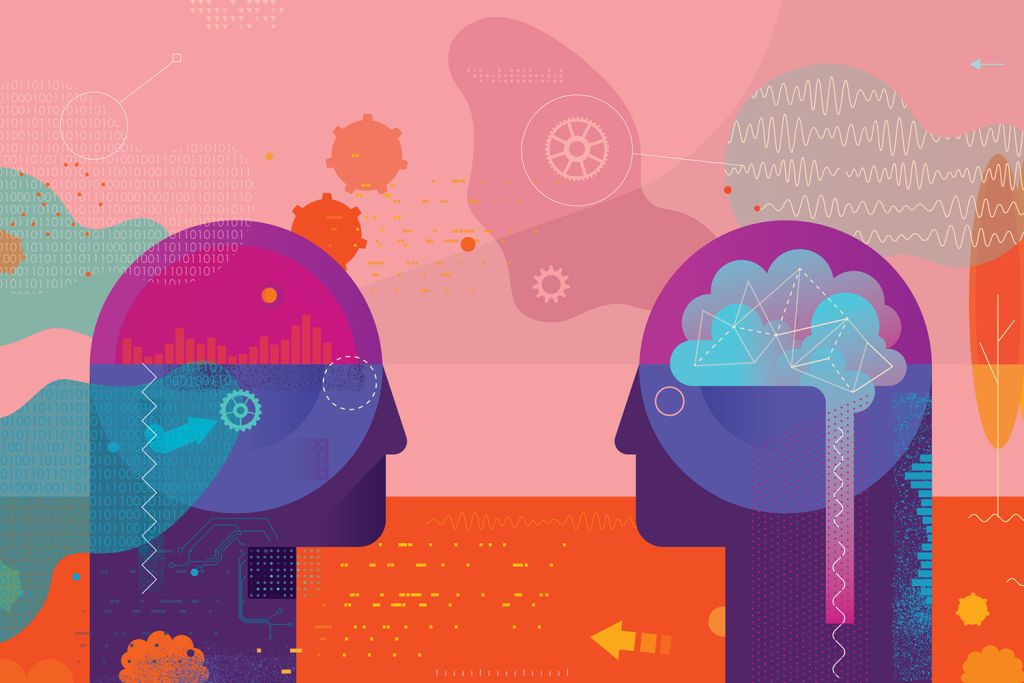 Two abstract human heads facing each other with colorful graphic elements representing thoughts, data, and ideas in a vibrant background.