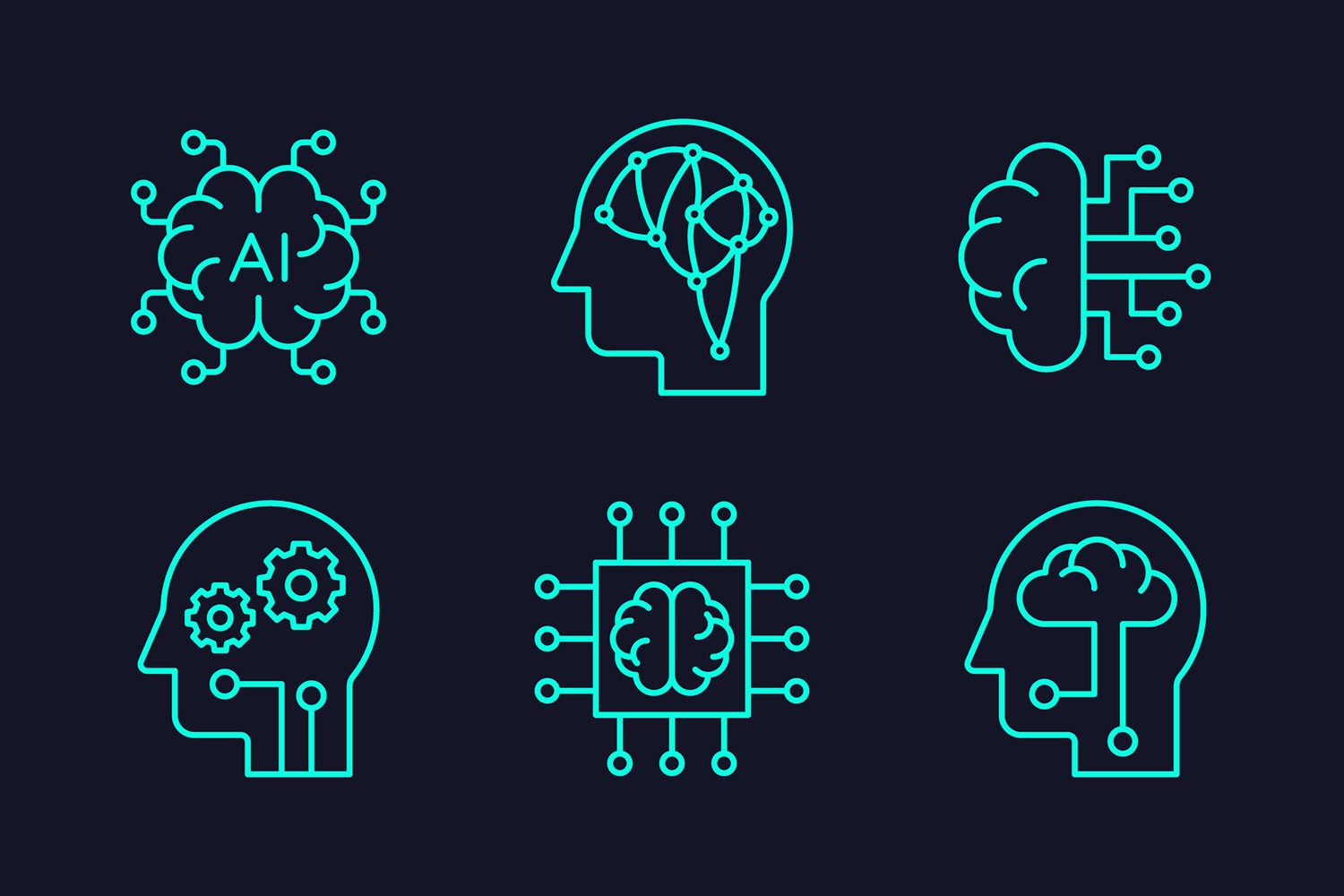 Icons representing artificial intelligence concepts, including brains, circuits, gears, and data connections, on a dark background.