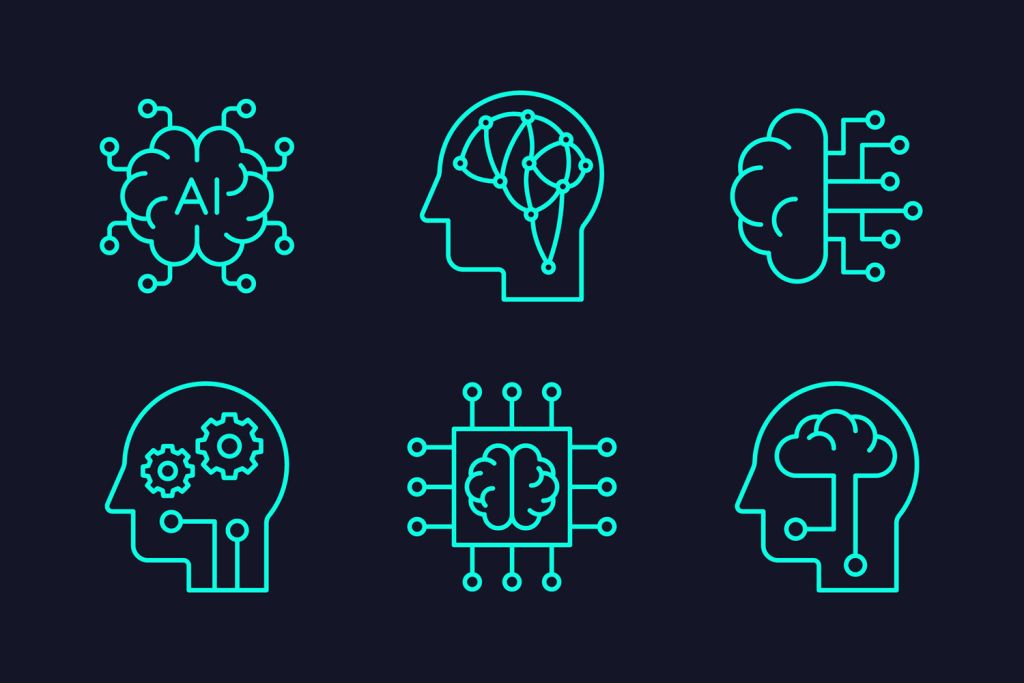 Icons representing artificial intelligence concepts, including brains, circuits, gears, and data connections, on a dark background.