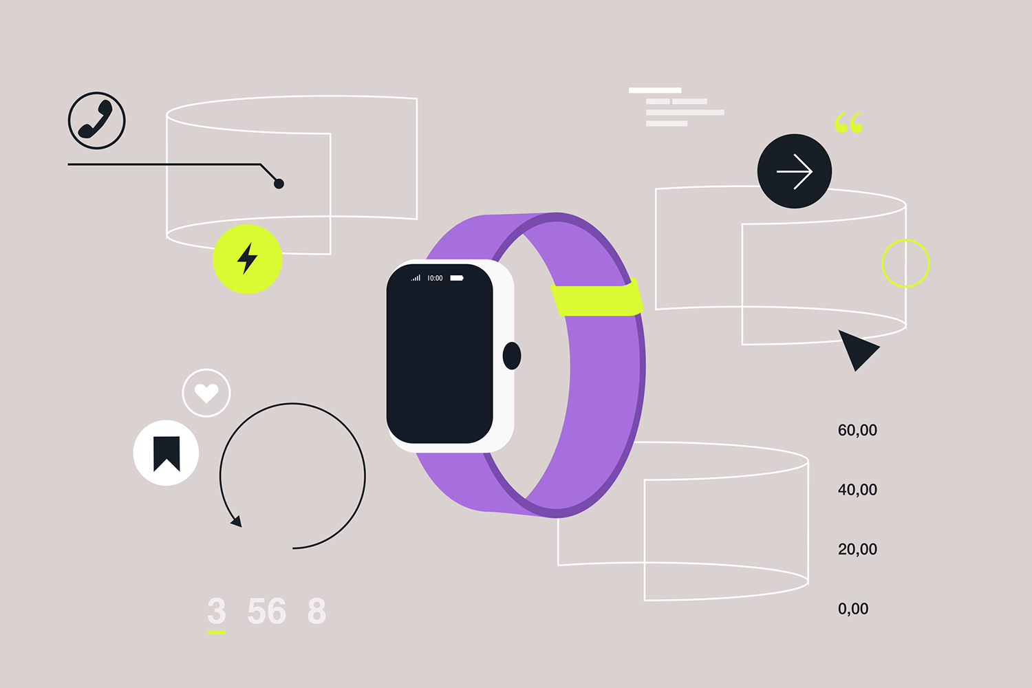 Illustration of a purple smartwatch surrounded by icons for calls, charging, bookmarks, and data charts against a muted pink background.