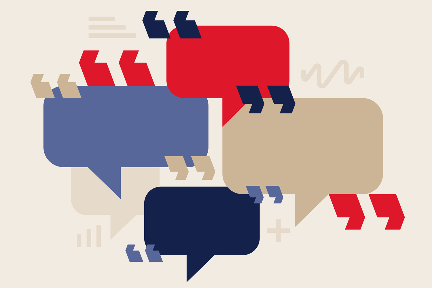 Illustration of different colored text chat bubbles overlapping one another.