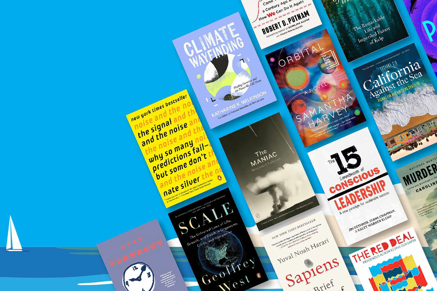 Collage of book covers over a beach illustration