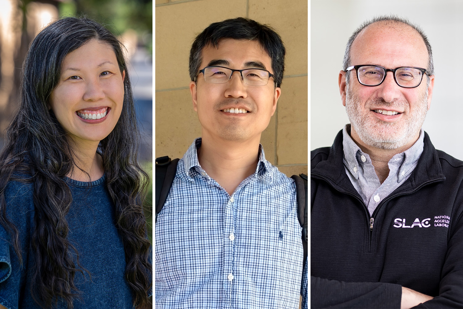 Three side-by-side portraits of smiling researchers featuring Wendy Mao, Xiao-Liang Qi, and Alberto Salleo.