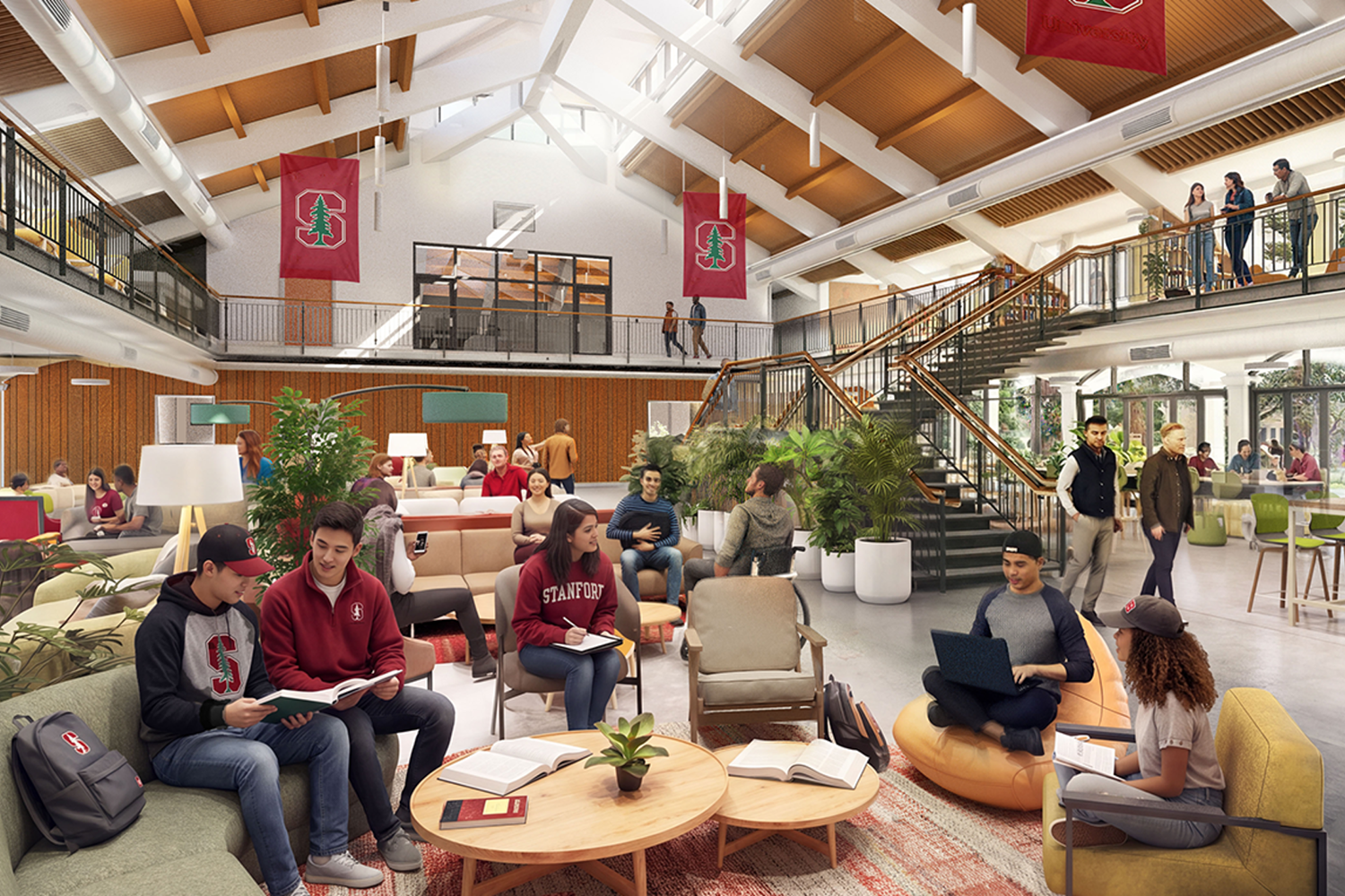 Rendering of a two-story great room with wood beams, Stanford banners, a staircase, and students studying on sofas.