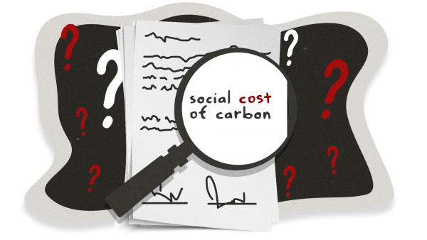 Illustration of a magnifying glass over a a document, revealing the words "social cost of carbon." The document is otherwise illegible but seems to have two signature lines at the bottom.
