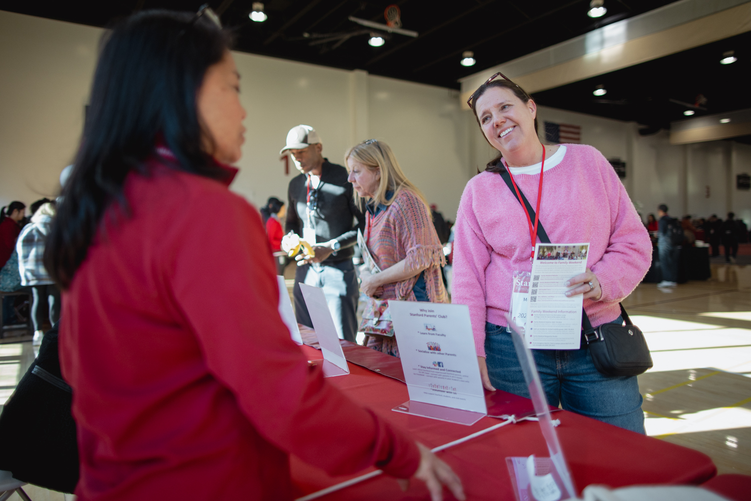 Family members check in for Stanford Family Weekend at the Arrillaga Center for Sports and Recreation.