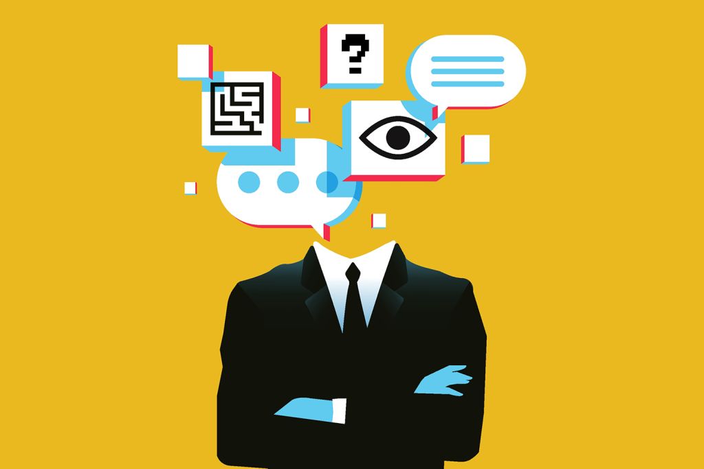 Abstract illustration of a faceless person in a suit stands with arms crossed, surrounded by speech bubbles and symbols.