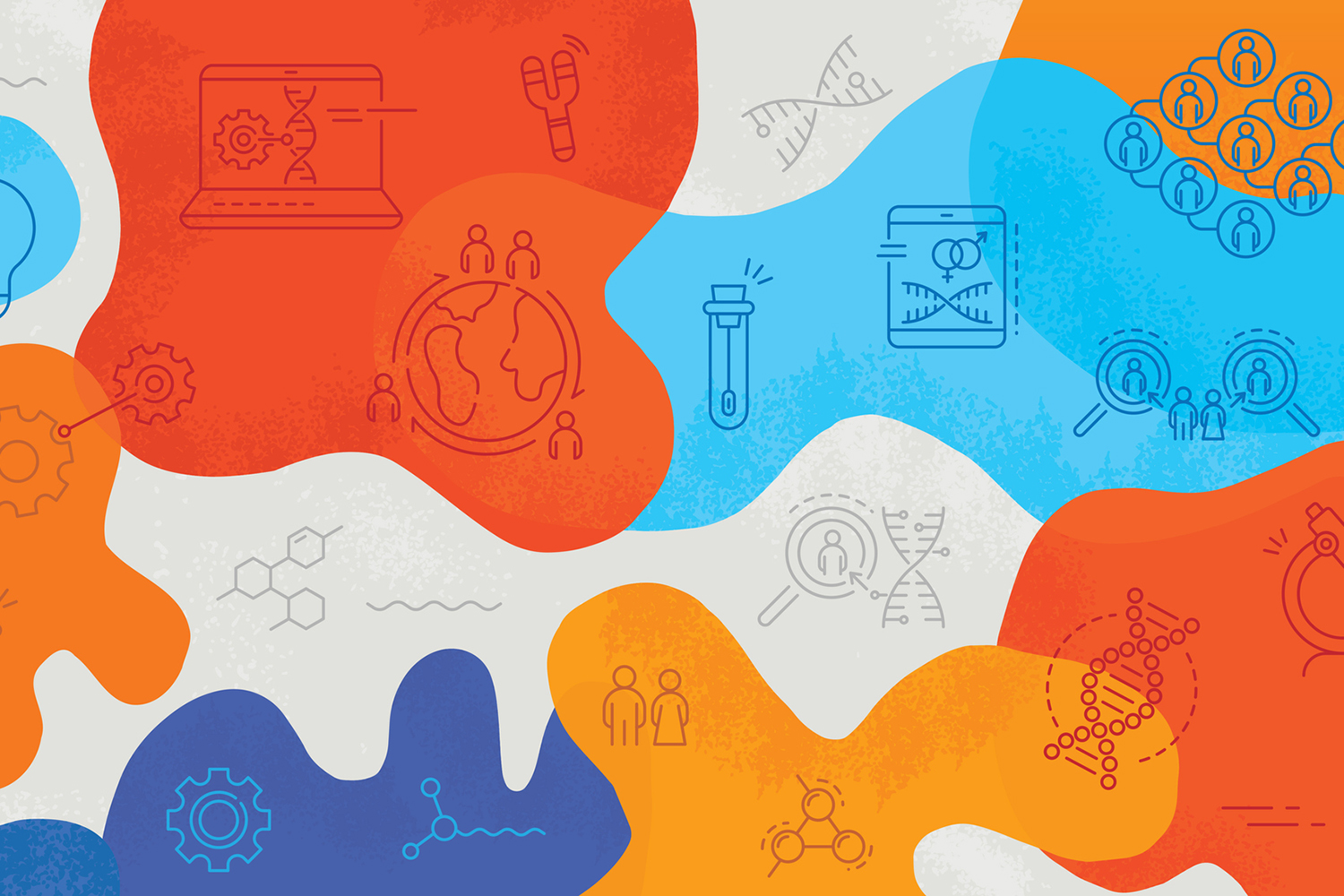 Colorful abstract illustration featuring icons related to science, research, and technology, including gears, DNA, and global connections.