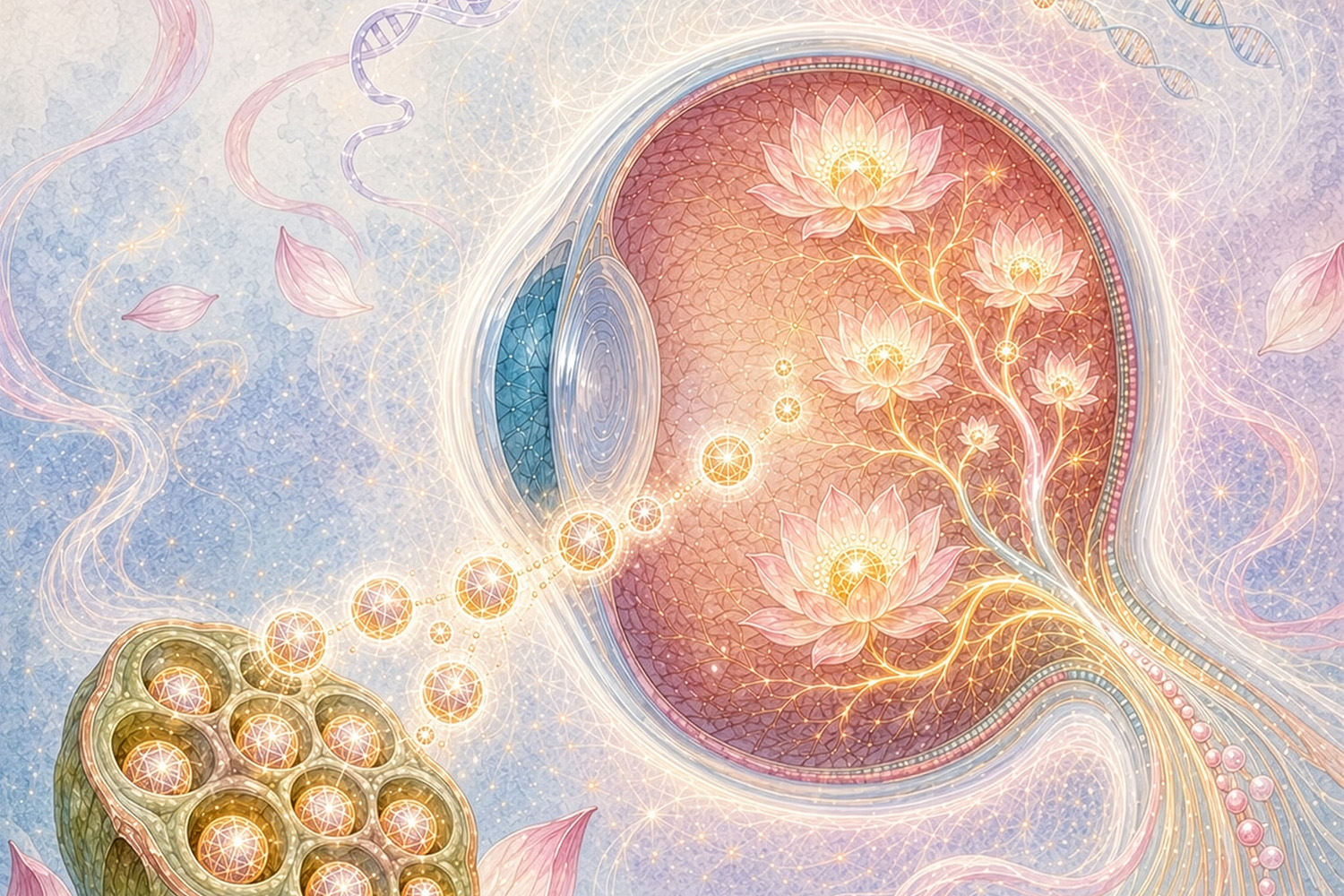 A vivid illustration shows lotus flowers symbolizing retinal ganglion cells reopening, representing gene-editing tool TIGRa's role in activating neuroprotective genes after injury.