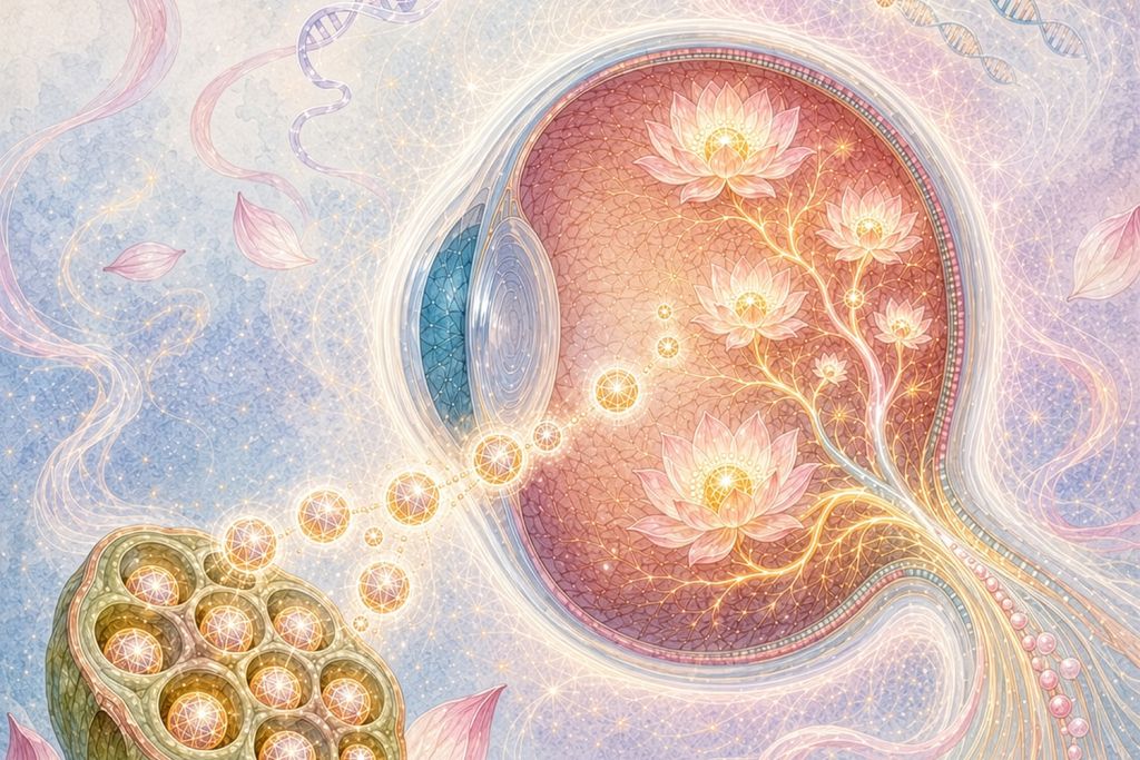 A vivid illustration shows lotus flowers symbolizing retinal ganglion cells reopening, representing gene-editing tool TIGRa's role in activating neuroprotective genes after injury.