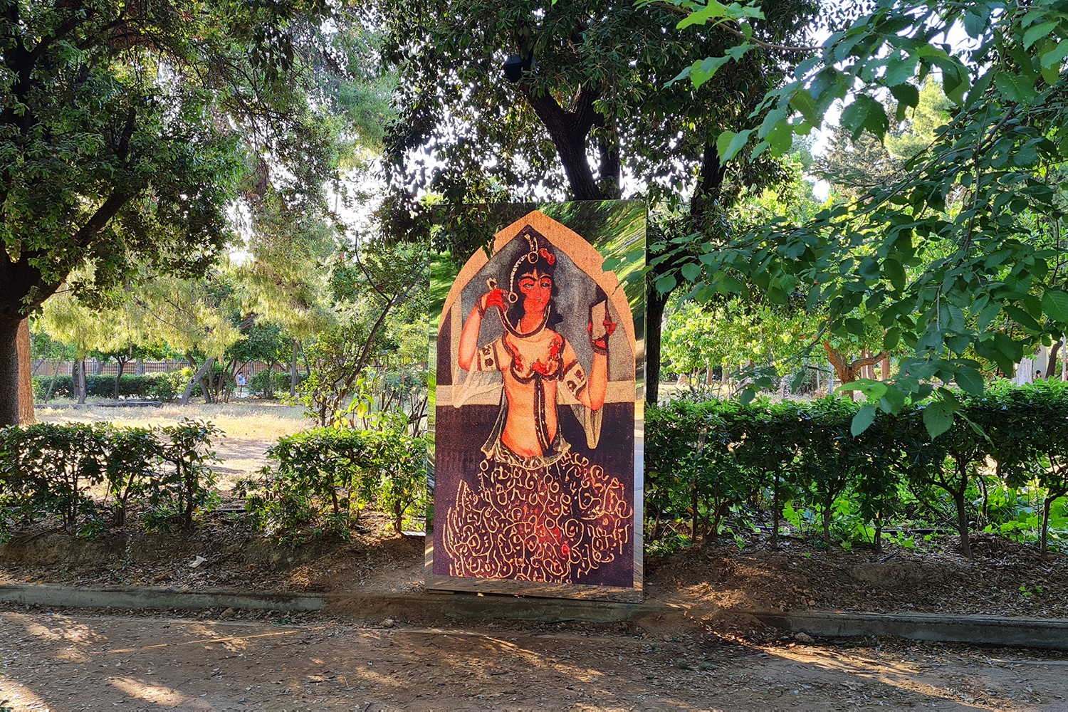 Image of a video installation on campus depicting an AI-generated image.