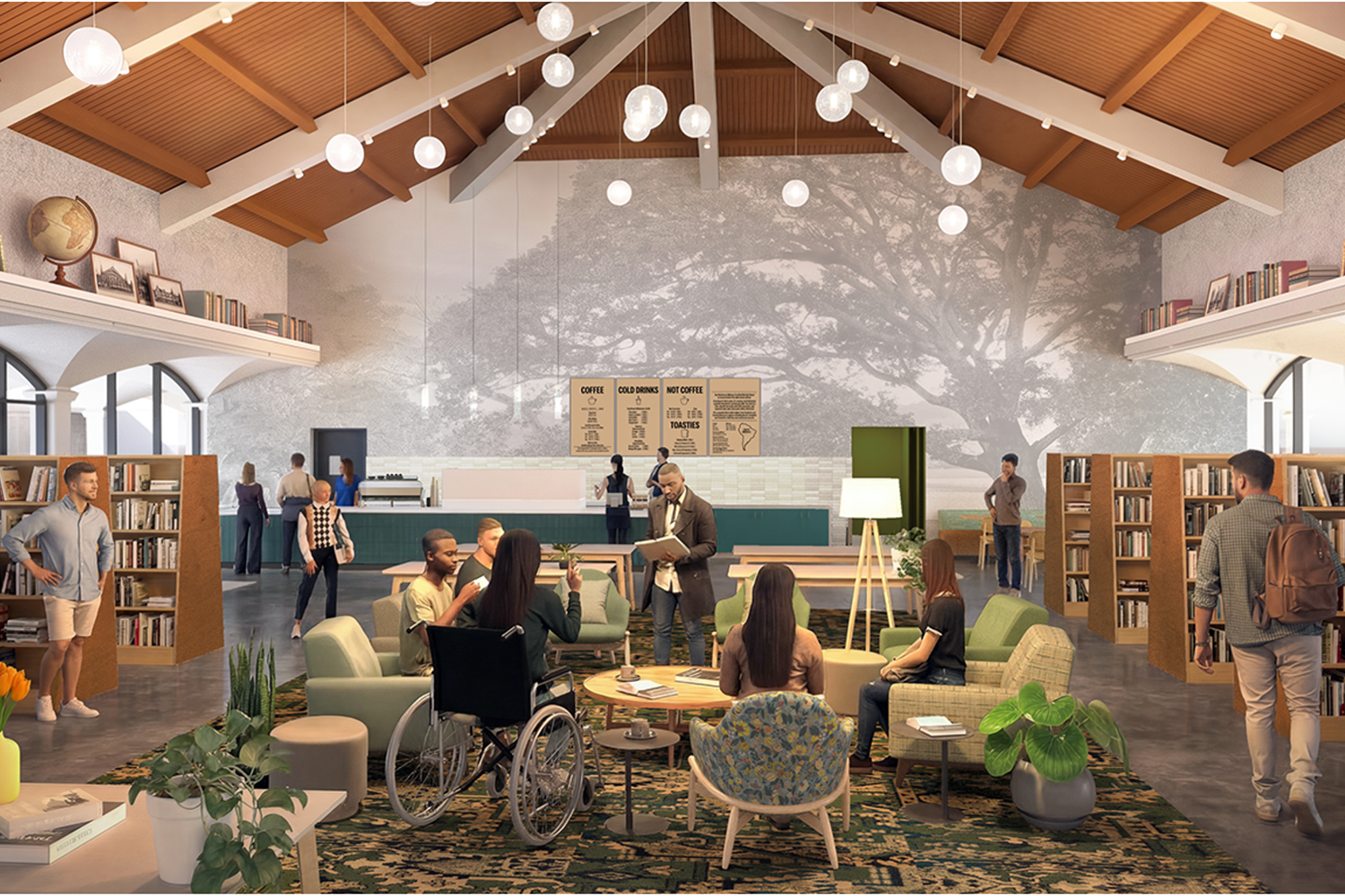 Rendering of a café and bookstore with a large tree mural, bookshelves, and students relaxing in armchairs.