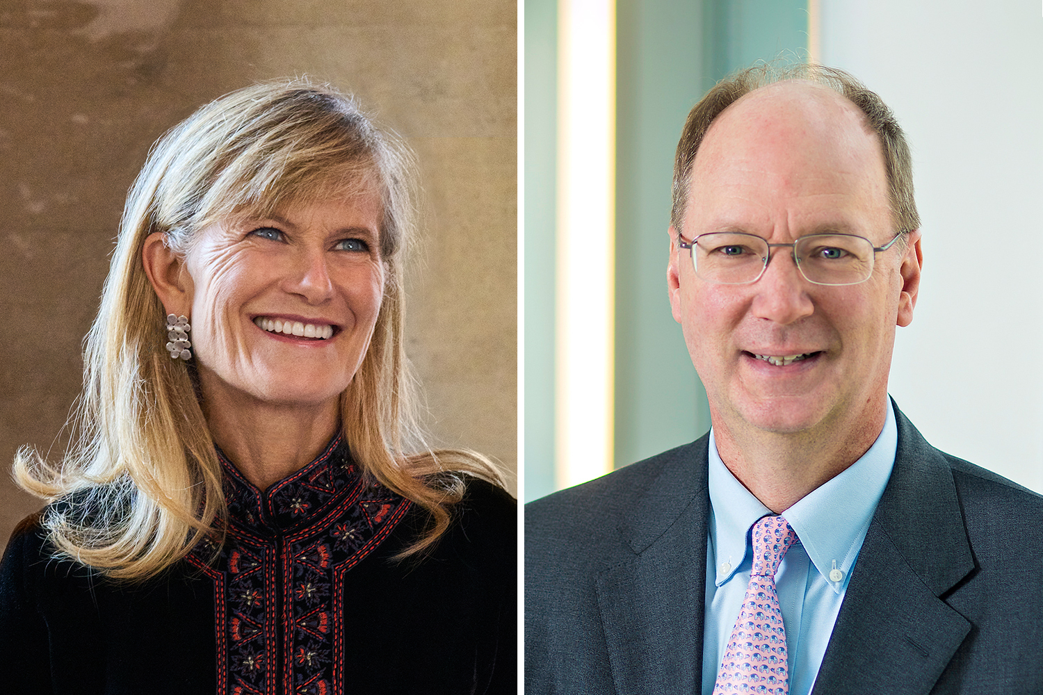 Professional headshots side by side: Novogratz with long hair and earrings, Williams in a suit and tie.