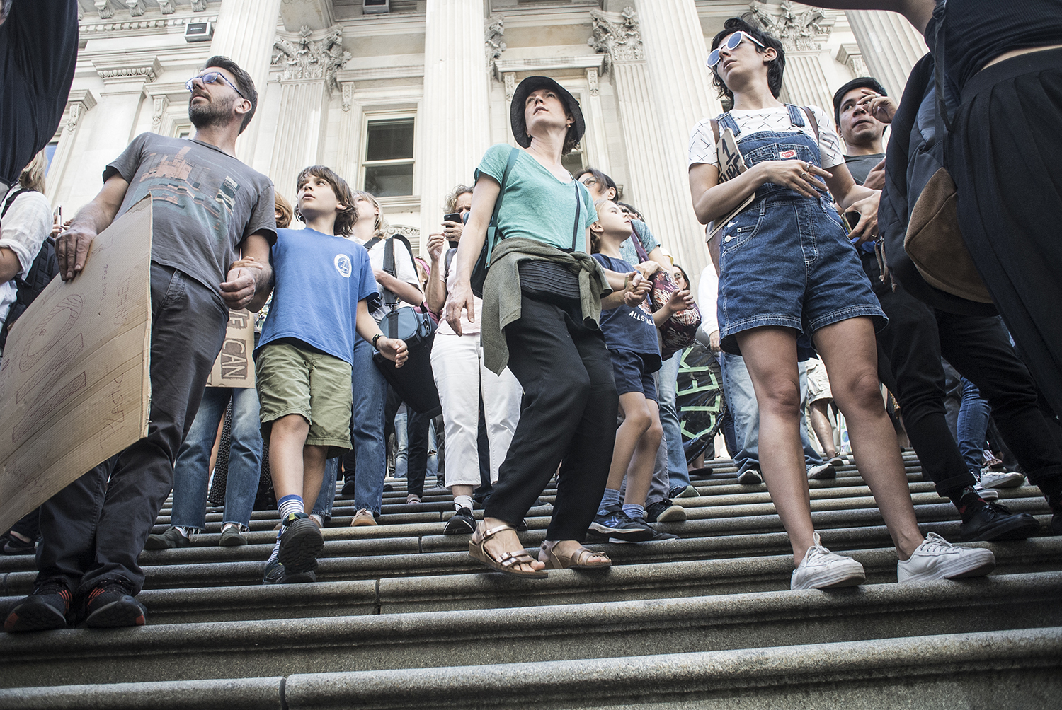 A group of people standing on steps, holding signs and participating in a movement.