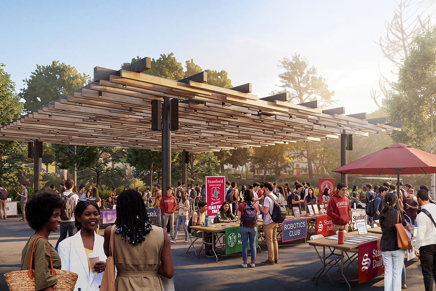 Rendering of students visiting club tables, including Robotics Club and Stanford Daily, under a large wooden trellis.