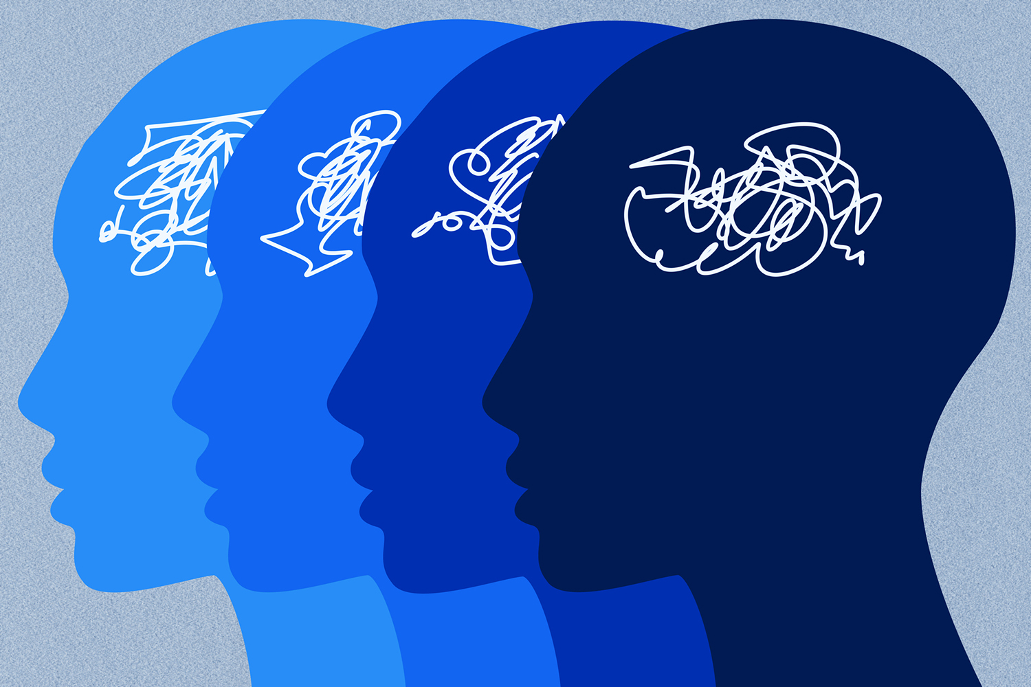 Illustration of multiple human head silhouettes filled with chaotic scribbles, symbolizing scattered thoughts.