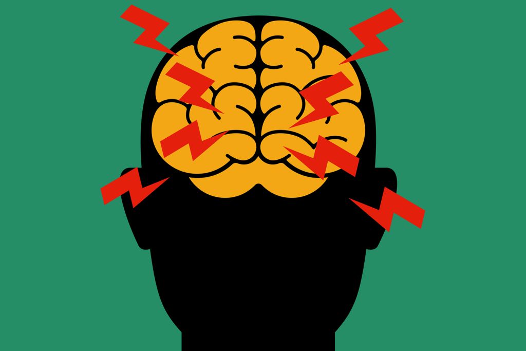 Illustration of a human head silhouette with a yellow brain and red lightning bolts signifying pain.