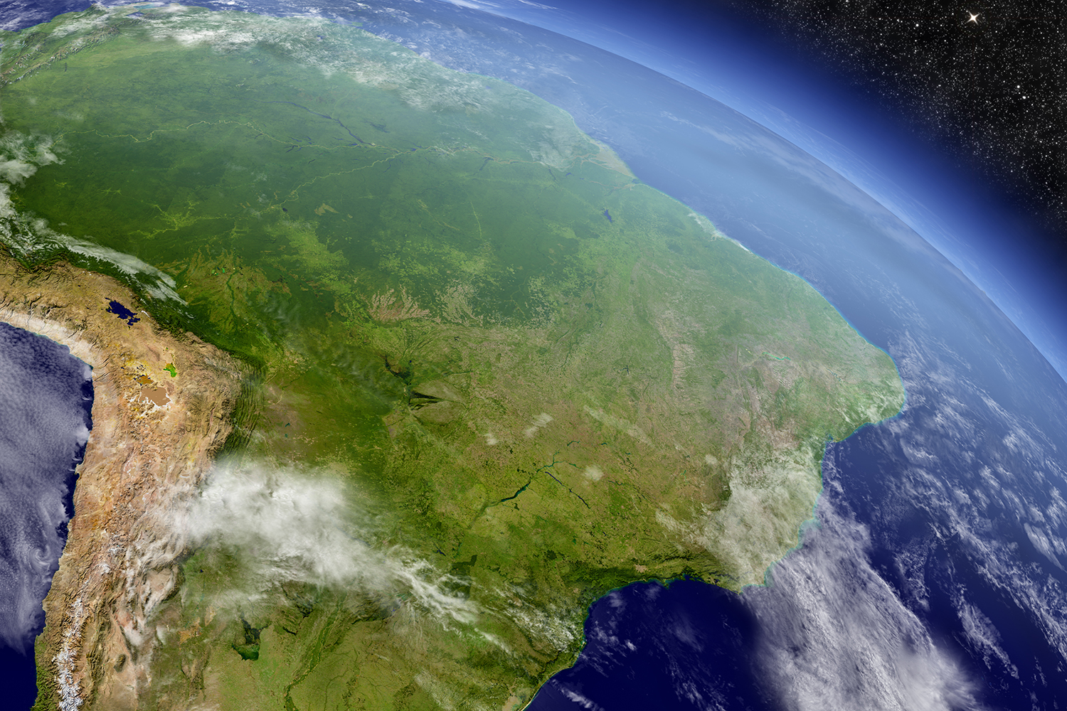 A 3D illustration with highly detailed planet surface and clouds in the atmosphere.