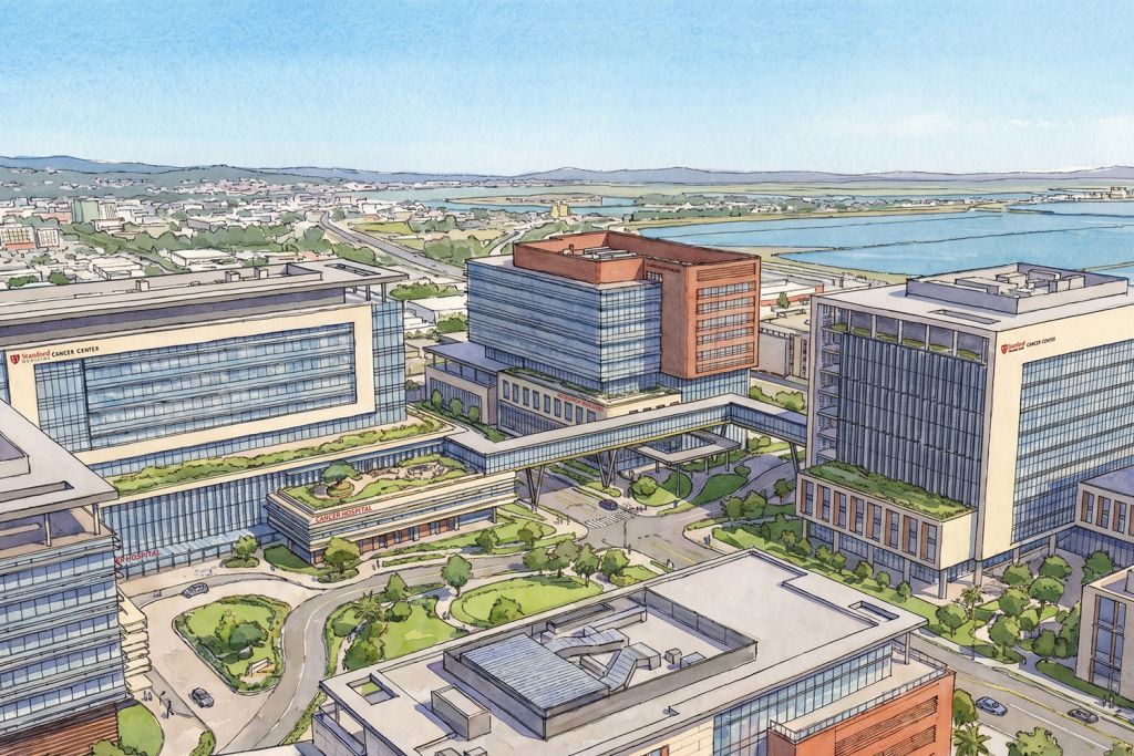 Open video Aerial illustration of the Stanford Cancer Center, showcasing modern buildings and landscaped areas near Bay. in a modal