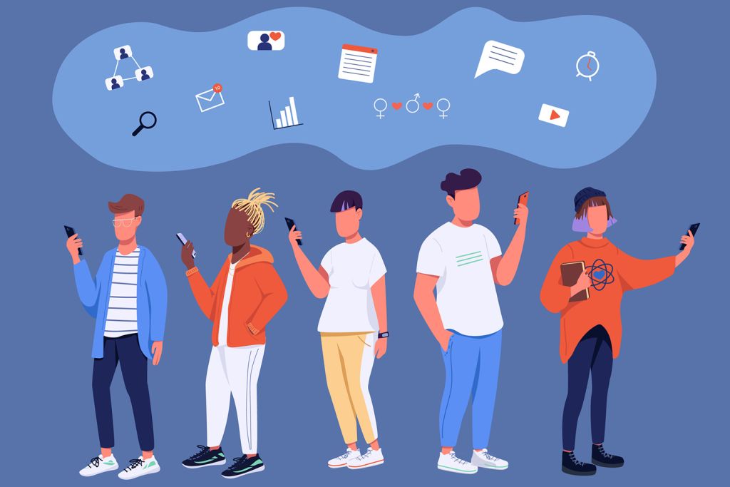 Illustration of five young people looking at smartphones, surrounded by icons for messaging, search, and social media.