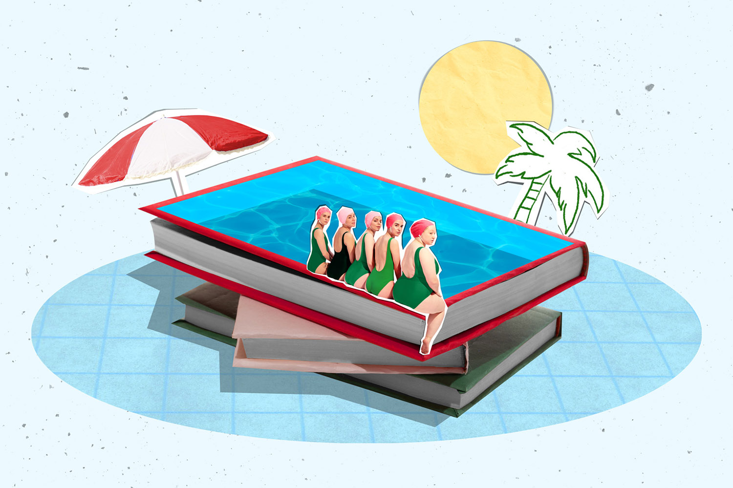 Collage of paper cutouts of a stack of books with a pool on top with five swimmers, surrounded by a sun, palm tree, and umbrella.