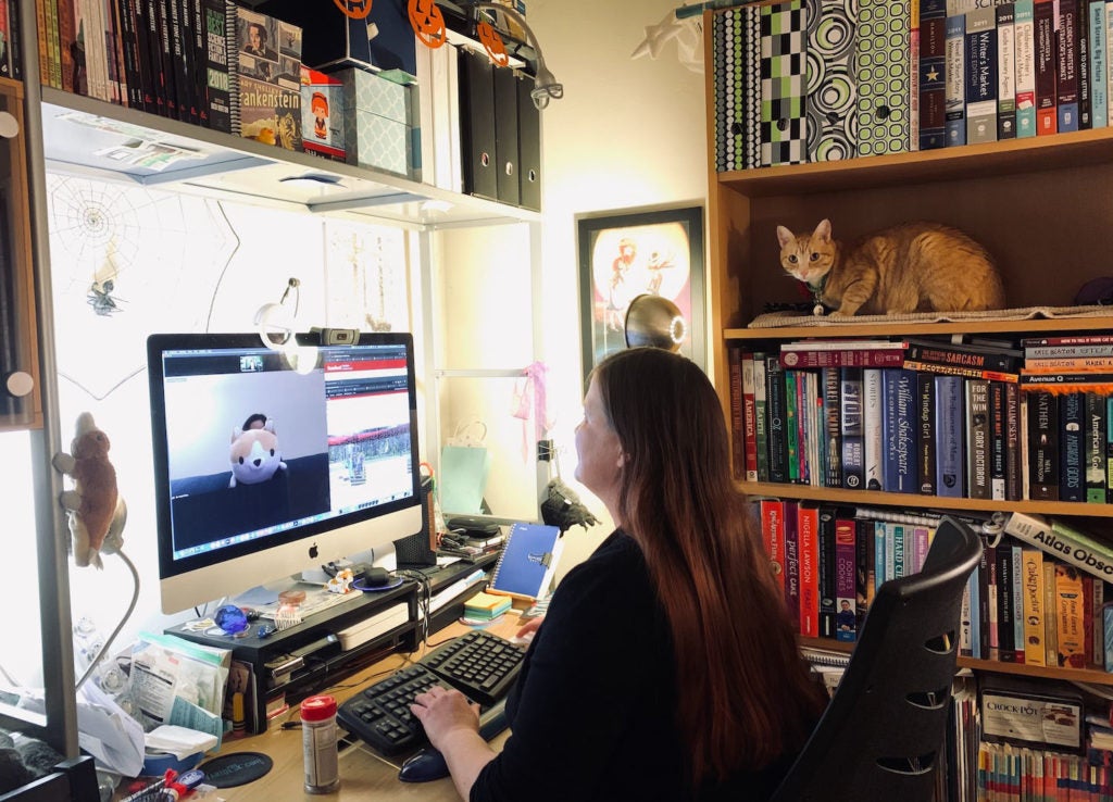 Melissa Stevenson at her computer in a home office. Cat sits on bookshelf nearby
