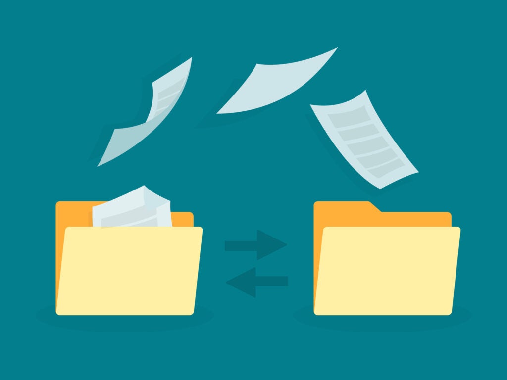 Data transfer illustration. Folders with documents flying.