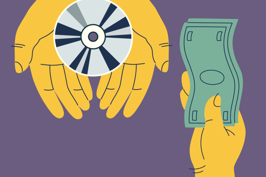 An illustration of two hands gently holding forward a DVD or Blu-ray disc, while another hand holds out money.