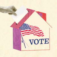 Illustration of a hand reaching out and dropping a ballot into a ballot box shaped like a house, with the word "vote" and an American flag on it.