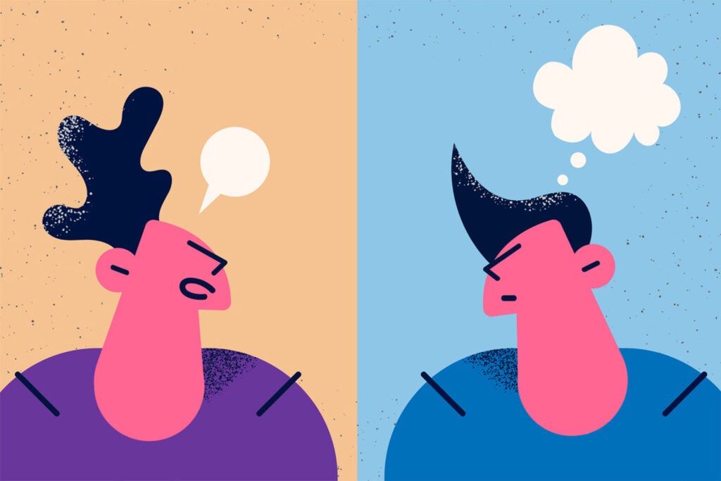 Illustration of two people separated on two different colored backgrounds. One person is talking, and the other person is thinking.